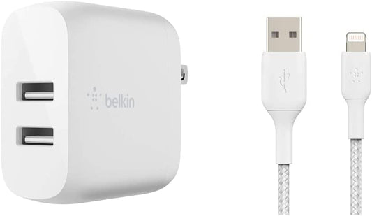 Belkin Dual USB Charger 24W USB-A Charger, White &amp; Braided Lightning Cable (Boost Charge Lightning to USB Cable for iPhone MFi-Certified iPhone Charging Cable, 6.5ft/2m, White (CAA002bt2MWH) Standalone Charger + Lightning Cable