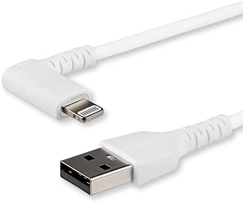 StarTech.com 1m USB A to Lightning Cable - Durable 90 Degree Right Angled White USB Type A to Lightning Connector Sync &amp; Charger Cord w/Aramid Fiber Apple MFI Certified iPad iPhone 11 (RUSBLTMM1MWR) White 1m