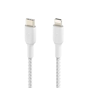 Belkin BoostCharge Nylon Braided USB C to Lightning Cable 3.3ft/1M - MFi Certified 18W Power &amp; BoostCharge USB C 30W GaN Wall Charger - iPhone Charger w/Power Delivery - iPhone Charger White 3.3 ft Braided USB C Cable + 30W Charger