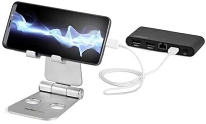 StarTech.com Phone and Tablet Stand - Foldable Universal Mobile Device Holder for Smartphones &amp; Tablets Adjustable Multi-Angle Ergonomic Cell Phone Stand for Desk Portable (USPTLSTND), 4in to 13in