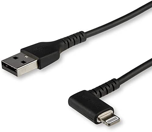 StarTech.com 6ft (2m) Durable USB A to Lightning Cable - Black 90 Right Angled Heavy Duty Rugged Aramid Fiber USB Type A to Lightning Charging/Sync Cord - Apple MFi Certified - iPhone (RUSBLTMM2MBR) Black 2m
