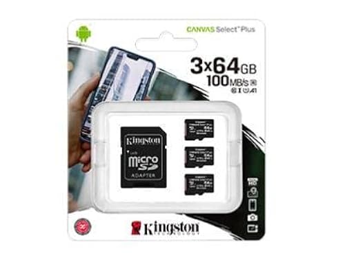 Kingston - Set of 3 Micro SDXC Canvas Select Plus Cards, 100R, A1, C10, 64GB with 1 Adapter
