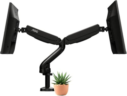 AOC AD110D0 - Dual Computer Monitor Arm Mount, Gas Struts Supporting up to 19.4 lbs and up to 27" on Each arm. Grommet and C-clamp mounts Included. Easy Swivel, tilt, Rotate for Ergonomic Setup.