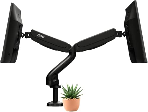 AOC AD110D0 - Dual Computer Monitor Arm Mount, Gas Struts Supporting up to 19.4 lbs and up to 27" on Each arm. Grommet and C-clamp mounts Included. Easy Swivel, tilt, Rotate for Ergonomic Setup.