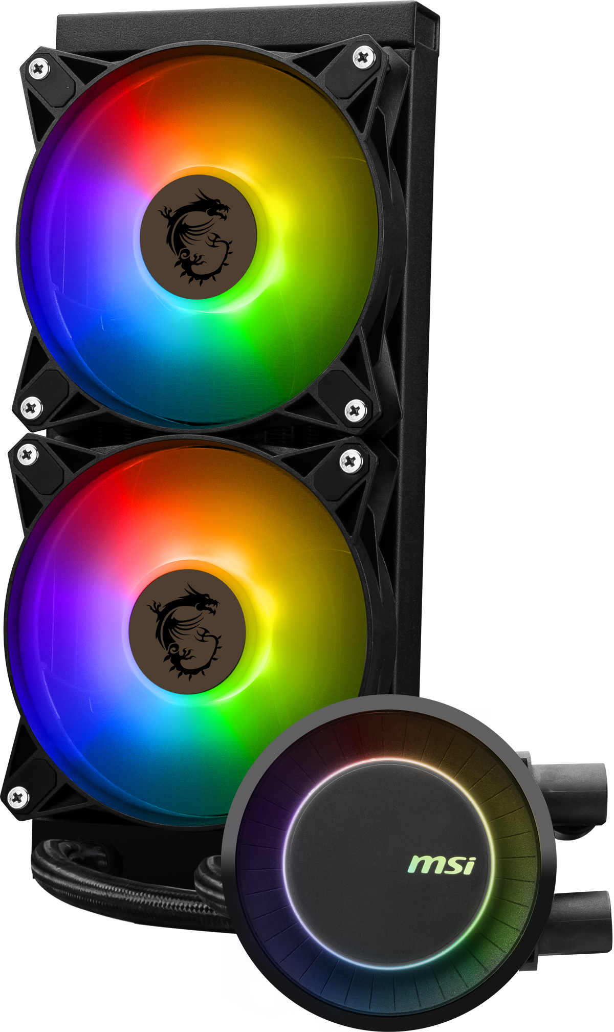 MSI MAG CoreLiquid E240 Black - AIO ARGB CPU Liquid Cooler - Rotating Cap Design - 240mm Radiator - Dual 120mm ARGB PWM Fans - LGA 1700 Ready / AM5 Compatible