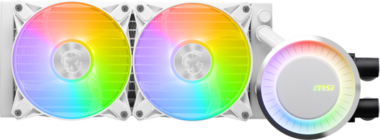 MSI MAG CoreLiquid E240 White - AIO ARGB CPU Liquid Cooler - Rotating Cap Design - 240mm Radiator - Dual 120mm ARGB PWM Fans - LGA 1700 Ready / AM5 Compatible