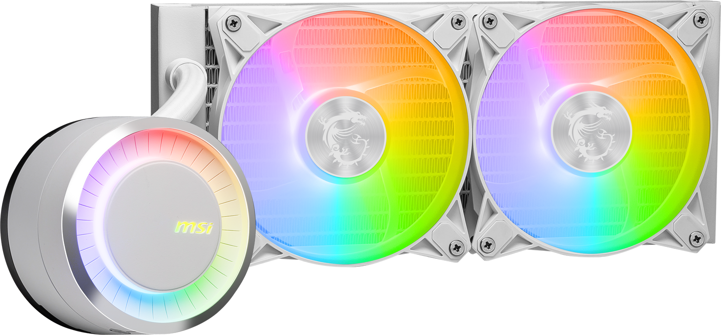 MSI MAG CoreLiquid E240 White - AIO ARGB CPU Liquid Cooler - Rotating Cap Design - 240mm Radiator - Dual 120mm ARGB PWM Fans - LGA 1700 Ready / AM5 Compatible