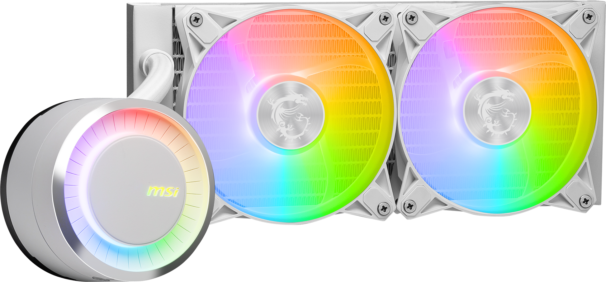 MSI MAG CoreLiquid E240 White - AIO ARGB CPU Liquid Cooler - Rotating Cap Design - 240mm Radiator - Dual 120mm ARGB PWM Fans - LGA 1700 Ready / AM5 Compatible