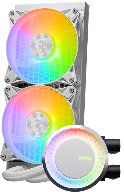 MSI MAG CoreLiquid E240 White - AIO ARGB CPU Liquid Cooler - Rotating Cap Design - 240mm Radiator - Dual 120mm ARGB PWM Fans - LGA 1700 Ready / AM5 Compatible
