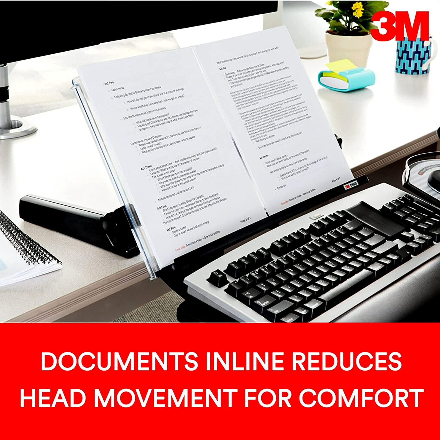 3M Adjustable Document Copy Holder, In - line with Monitor Minimizing Head and Neck Movement, 300 Sheet Capacity Holds Sheets to Books, Elastic Line Guide Keeps Pages Open, 18" Wide, Black (DH640),Black/Clear - Dealtargets.ca
