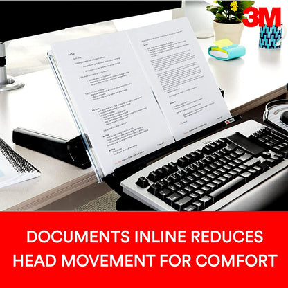 3M Adjustable Document Copy Holder, In - line with Monitor Minimizing Head and Neck Movement, 300 Sheet Capacity Holds Sheets to Books, Elastic Line Guide Keeps Pages Open, 18" Wide, Black (DH640),Black/Clear - Dealtargets.ca