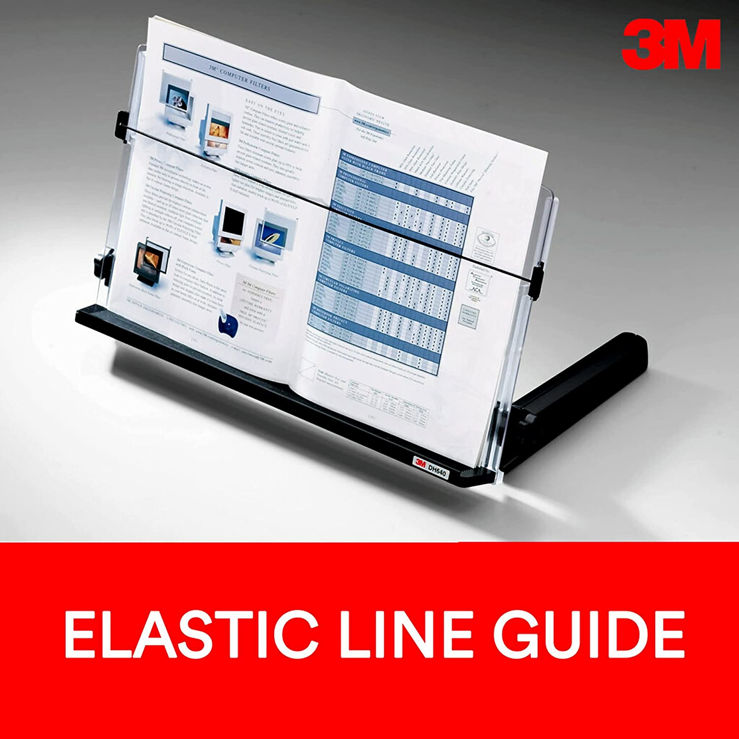 3M Adjustable Document Copy Holder, In - line with Monitor Minimizing Head and Neck Movement, 300 Sheet Capacity Holds Sheets to Books, Elastic Line Guide Keeps Pages Open, 18" Wide, Black (DH640),Black/Clear - Dealtargets.ca