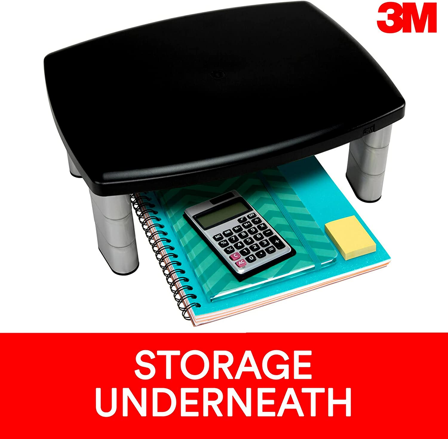 3M Adjustable Monitor Stand Riser, Three Leg Segments Simply Adjust Height, Sturdy Platform Holds Up to 80 lbs for Monitors, Laptops, and Printers, Space for Storage Underneath, Silver/Black (MS80B) - Dealtargets.ca