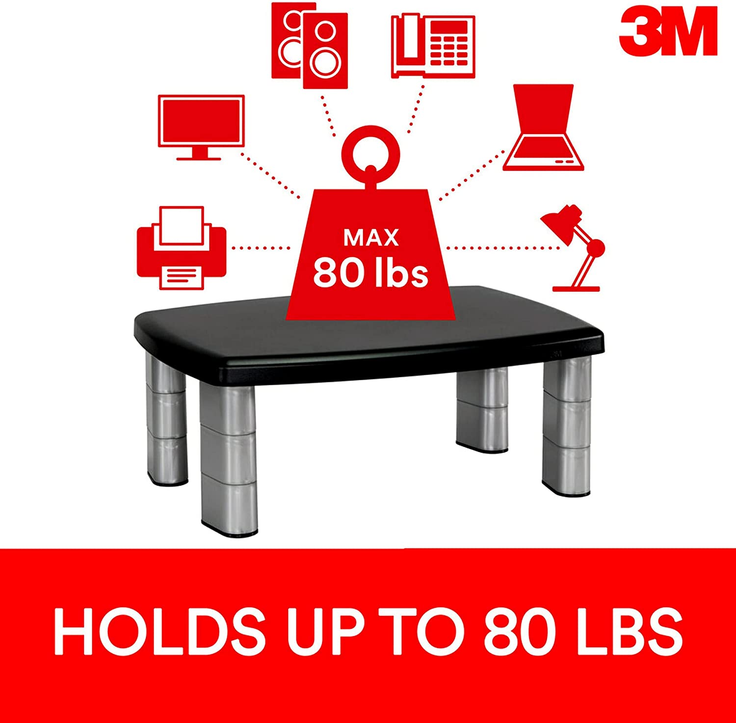 3M Adjustable Monitor Stand Riser, Three Leg Segments Simply Adjust Height, Sturdy Platform Holds Up to 80 lbs for Monitors, Laptops, and Printers, Space for Storage Underneath, Silver/Black (MS80B) - Dealtargets.ca
