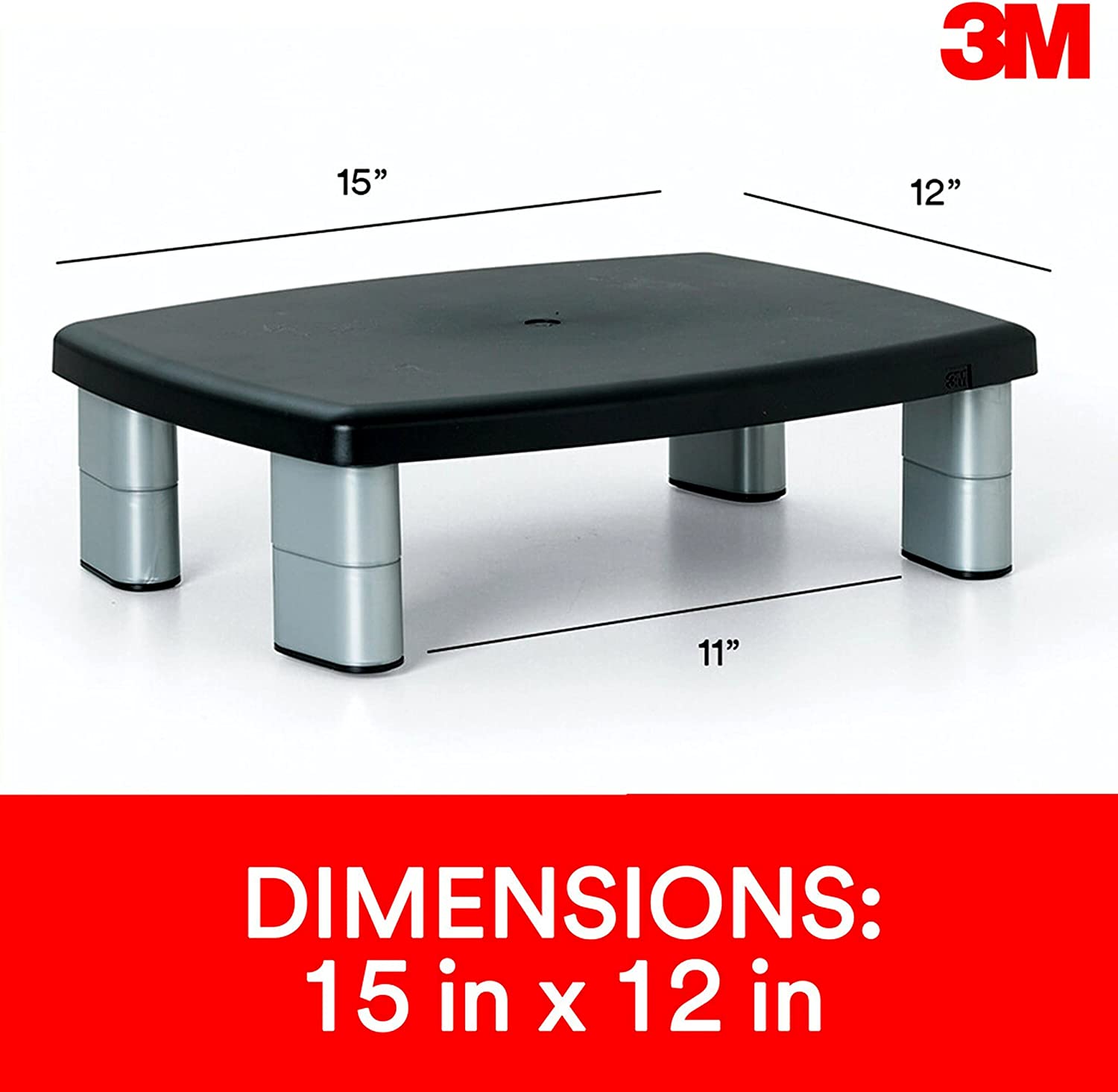 3M Adjustable Monitor Stand Riser, Three Leg Segments Simply Adjust Height, Sturdy Platform Holds Up to 80 lbs for Monitors, Laptops, and Printers, Space for Storage Underneath, Silver/Black (MS80B) - Dealtargets.ca