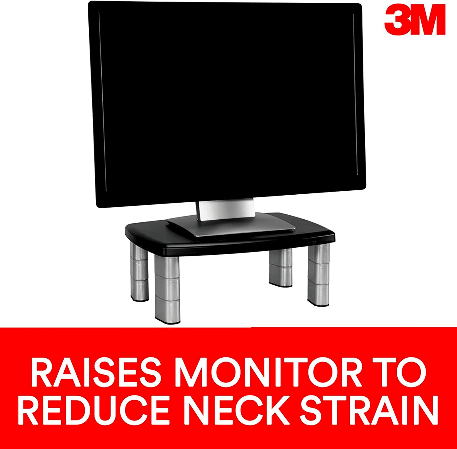 3M Adjustable Monitor Stand Riser, Three Leg Segments Simply Adjust Height, Sturdy Platform Holds Up to 80 lbs for Monitors, Laptops, and Printers, Space for Storage Underneath, Silver/Black (MS80B) - Dealtargets.ca