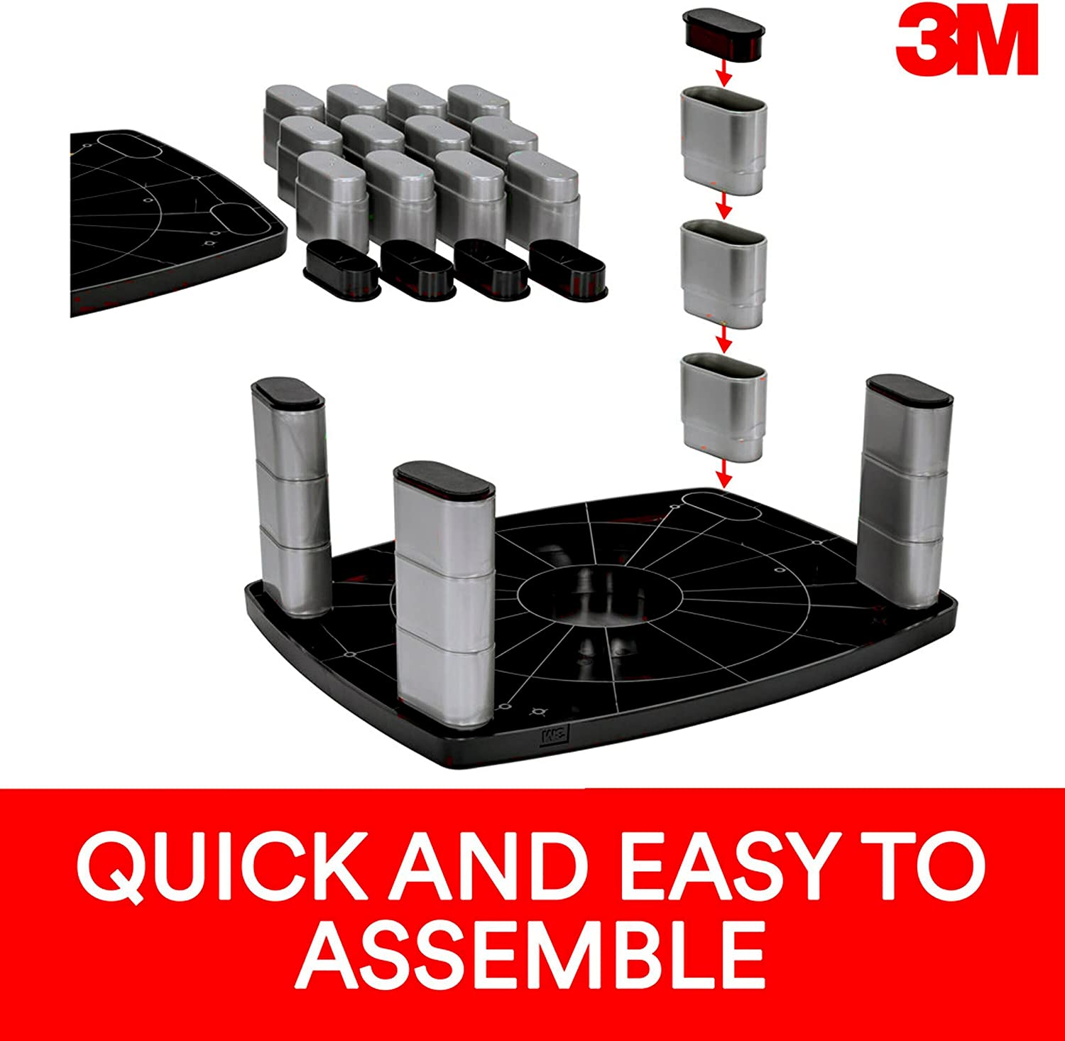3M Adjustable Monitor Stand Riser, Three Leg Segments Simply Adjust Height, Sturdy Platform Holds Up to 80 lbs for Monitors, Laptops, and Printers, Space for Storage Underneath, Silver/Black (MS80B) - Dealtargets.ca