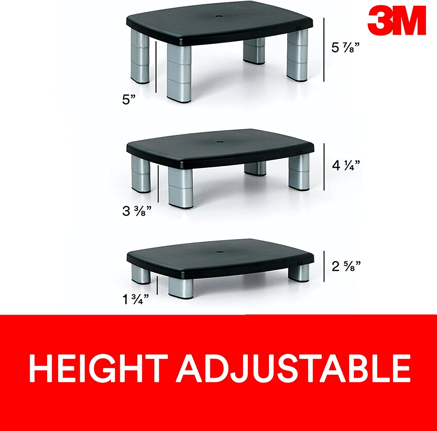 3M Adjustable Monitor Stand Riser, Three Leg Segments Simply Adjust Height, Sturdy Platform Holds Up to 80 lbs for Monitors, Laptops, and Printers, Space for Storage Underneath, Silver/Black (MS80B) - Dealtargets.ca