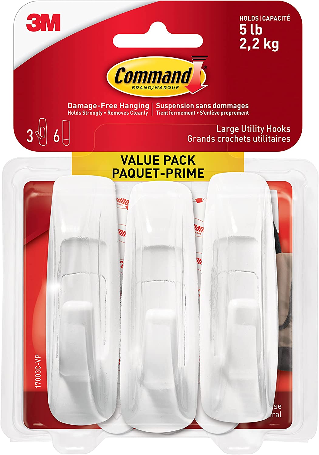 3M Compatible parts Command Large Hook Value Pack, 5 lb Capacity , 3 Hooks 6 Large Strips, (17003C - VP) - Dealtargets.ca