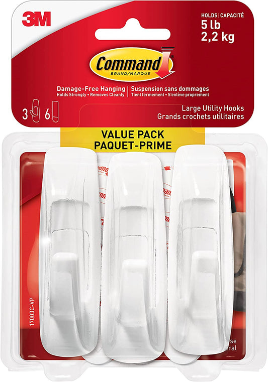 3M Compatible parts Command Large Hook Value Pack, 5 lb Capacity , 3 Hooks 6 Large Strips, (17003C - VP) - Dealtargets.ca
