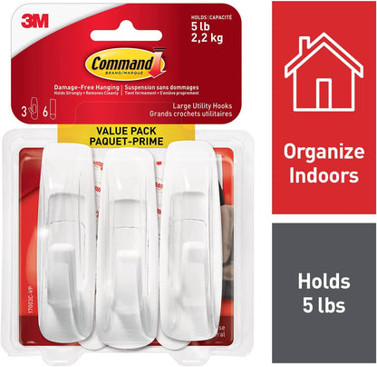 3M Compatible parts Command Large Hook Value Pack, 5 lb Capacity , 3 Hooks 6 Large Strips, (17003C - VP) - Dealtargets.ca