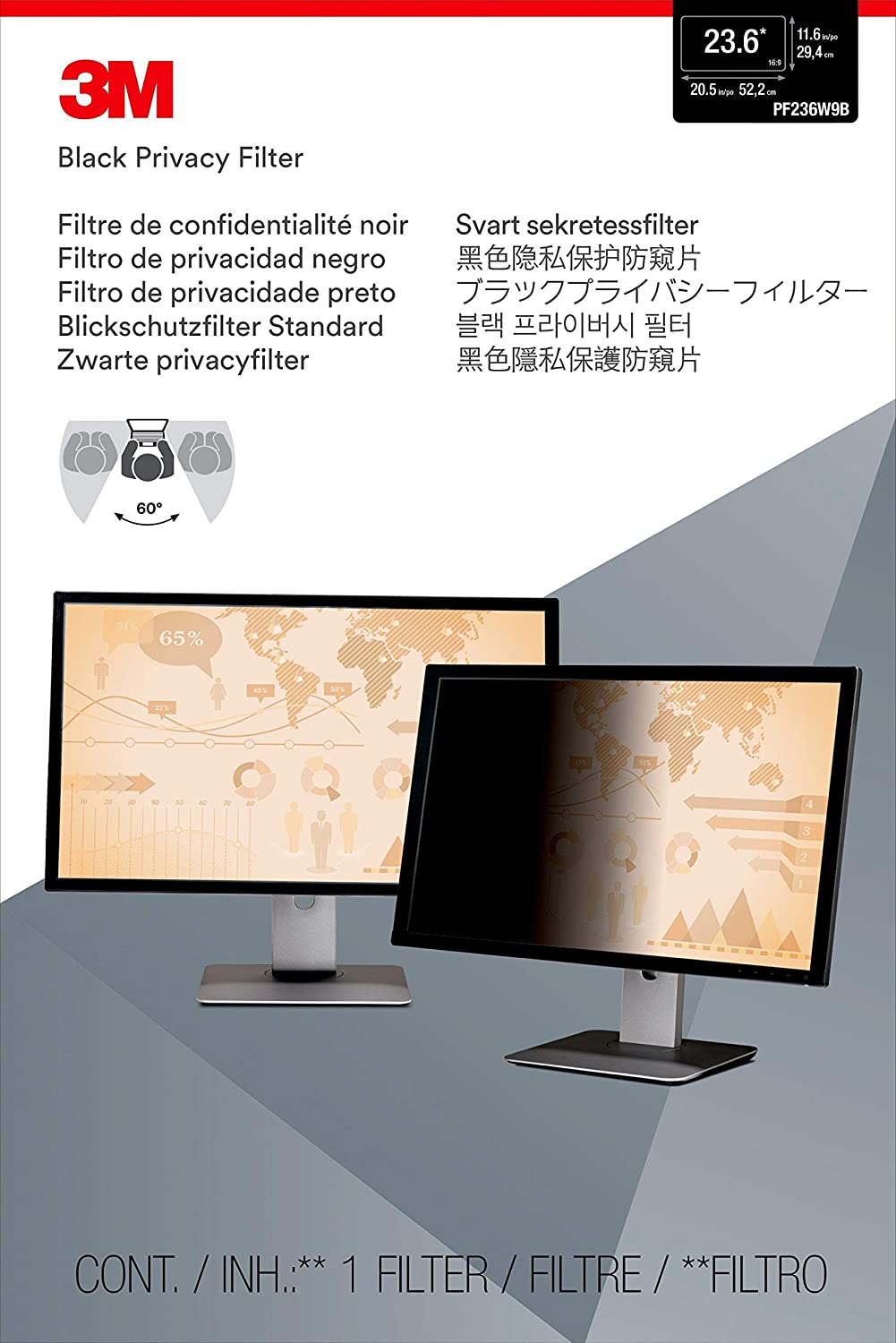 3M Computer Privacy Screen Filter for 23.6 inch Monitors - Black - Widescreen 16:9 - PF236W9B Black 23.6" - Dealtargets.ca