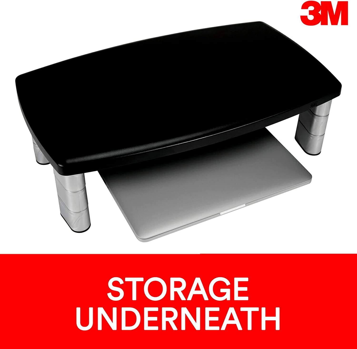 3M Extra Wide Adjustable Monitor Stand, Three Leg Segments Simply Adjust Height from 1" to 5 7/8", Sturdy Platform Holds Up to 40 lbs, 16 - inch Space Between Columns for Storage, Silver/Black (MS90B) 20 - Inches Wide 1 Pack - Dealtargets.ca