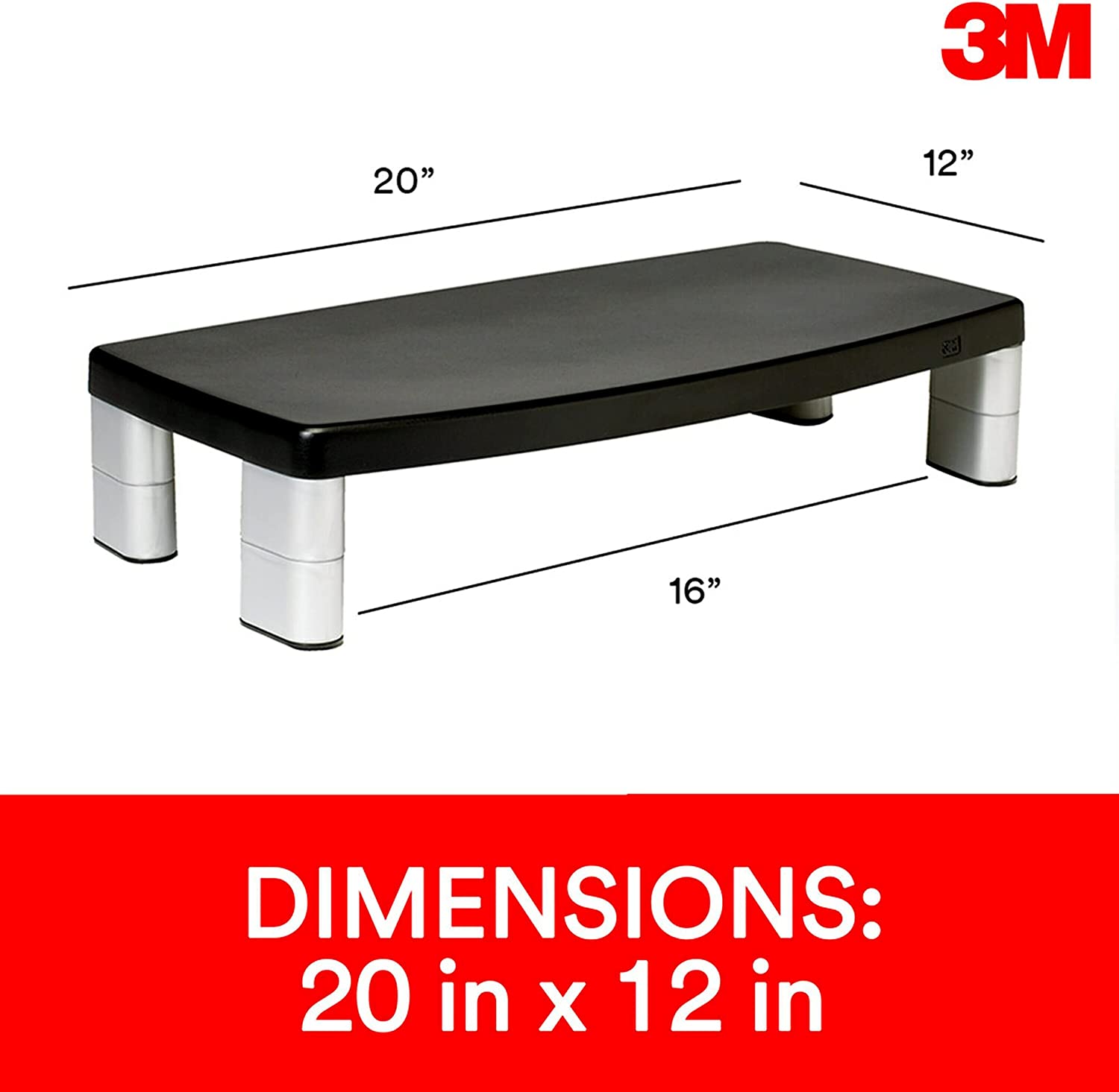 3M Extra Wide Adjustable Monitor Stand, Three Leg Segments Simply Adjust Height from 1" to 5 7/8", Sturdy Platform Holds Up to 40 lbs, 16 - inch Space Between Columns for Storage, Silver/Black (MS90B) 20 - Inches Wide 1 Pack - Dealtargets.ca