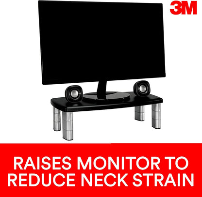 3M Extra Wide Adjustable Monitor Stand, Three Leg Segments Simply Adjust Height from 1" to 5 7/8", Sturdy Platform Holds Up to 40 lbs, 16 - inch Space Between Columns for Storage, Silver/Black (MS90B) 20 - Inches Wide 1 Pack - Dealtargets.ca