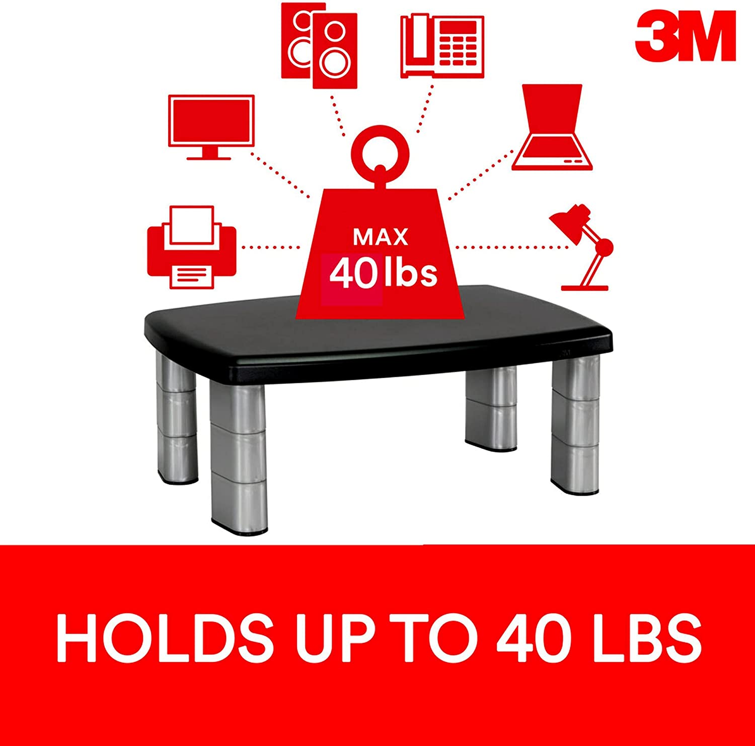 3M Extra Wide Adjustable Monitor Stand, Three Leg Segments Simply Adjust Height from 1" to 5 7/8", Sturdy Platform Holds Up to 40 lbs, 16 - inch Space Between Columns for Storage, Silver/Black (MS90B) 20 - Inches Wide 1 Pack - Dealtargets.ca
