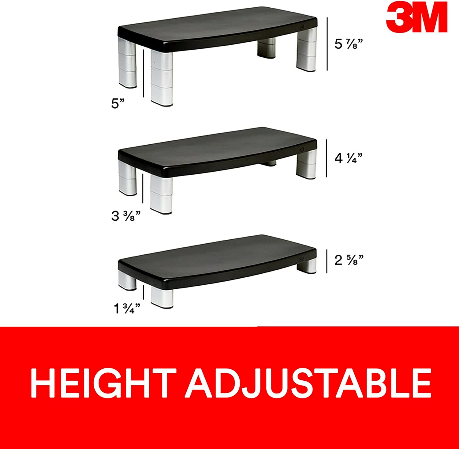 3M Extra Wide Adjustable Monitor Stand, Three Leg Segments Simply Adjust Height from 1" to 5 7/8", Sturdy Platform Holds Up to 40 lbs, 16 - inch Space Between Columns for Storage, Silver/Black (MS90B) 20 - Inches Wide 1 Pack - Dealtargets.ca