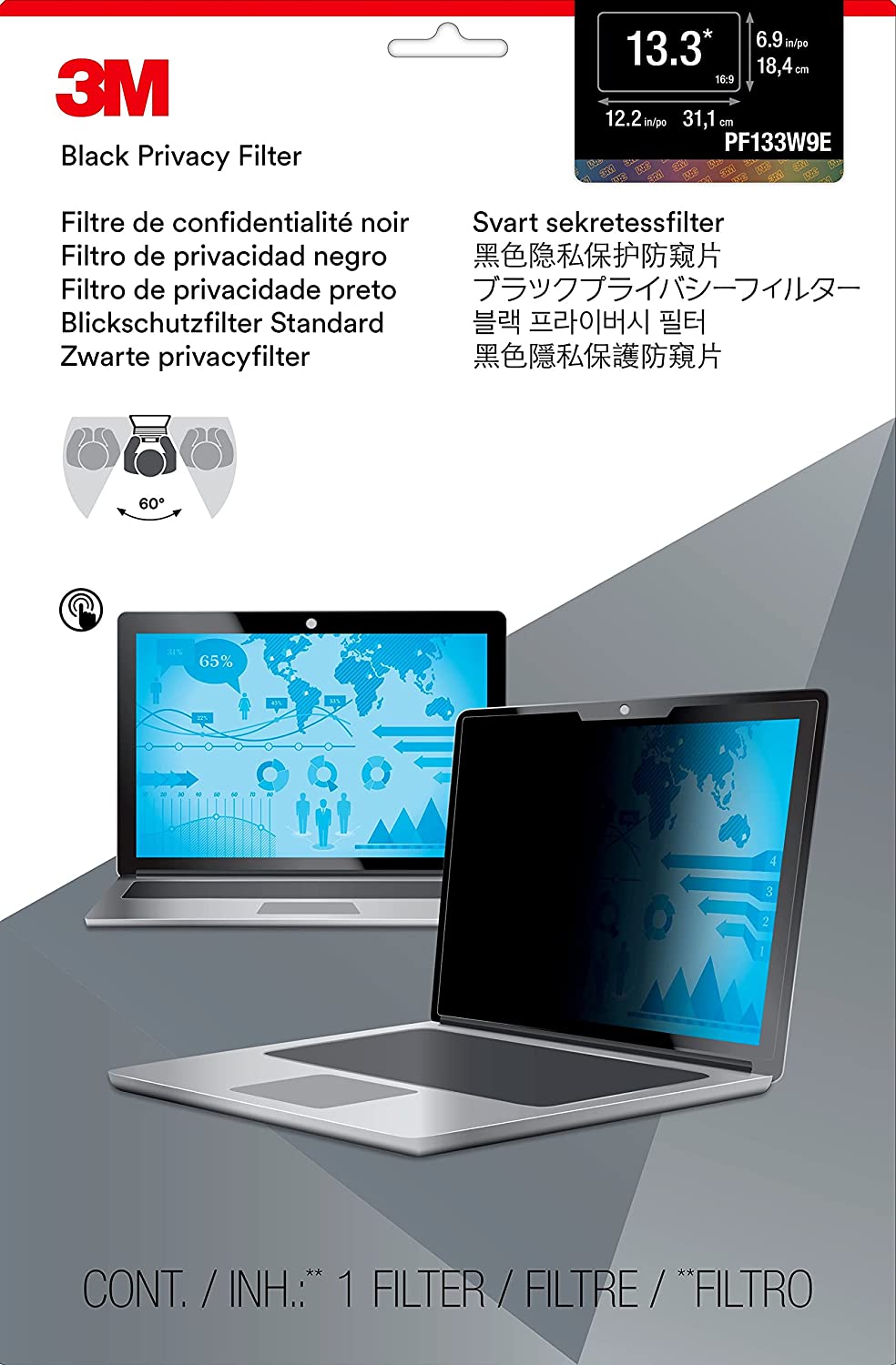 3M Laptop Screen Privacy Filter for 13.3 inch Monitors - Black - Full - Screen Touch - Widescreen 16:9 - PF133W9E - Dealtargets.ca