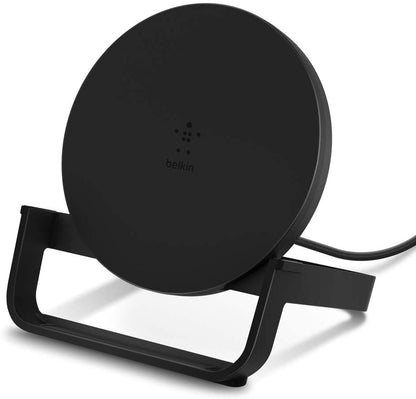 Belkin BoostCharge 10W Fast Wireless Charging Stand, Includes QuickCharge 3.0 Wall Charger and Cable, Case Compatible for iPhones, Galaxy, Pixel and Other Qi Enabled Devices (includes AC adapter)