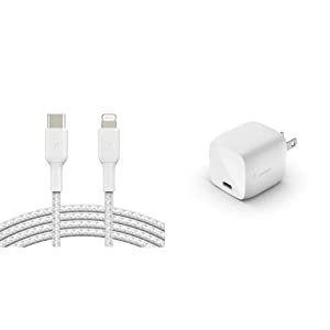 Belkin BoostCharge Nylon Braided USB C to Lightning Cable 3.3ft/1M - MFi Certified 18W Power &amp; BoostCharge USB C 30W GaN Wall Charger - iPhone Charger w/Power Delivery - iPhone Charger White 3.3 ft Braided USB C Cable + 30W Charger