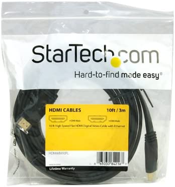 StarTech.com 10 ft Flat High Speed HDMI Cable with Ethernet - Ultra HD 4k x 2k HDMI Cable - HDMI to HDMI M/M - Flat HDMI Cable (HDMIMM10FL) , Black 10 ft / 3m Flat