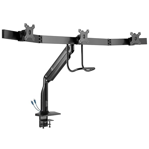 TRIPP LITE DMPDT1732AM Safe-IT Precision-Placement Triple 17-32 inch Monitor Desktop Mount, 90-Degree Rotation, Cable Management Space, VESA-Compliant, 5-Year Warranty, 65.2"x23.5"x34.9", Black