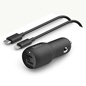 Belkin 37 Watt Dual USB Car Charger - Power Delivery 25W USB C Port &amp; 12W USB A Port for PPS Charging Apple iPhone 14, 14 Pro, 14 Pro Max, iPhone 13, Samsung Galaxy, AirPods - Included Lightning Cable Dual USB-A &amp; C 37W + LGT Cable Charger