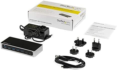 StarTech.com 7 Port USB C Hub with Fast Charge Port - USB-C to 5X USB-A 2X USB-C (USB 3.0 SuperSpeed 5Gbps) - Self Powered USB 3.1 Gen 1 Type-C Hub w/Power Adapter - Desktop/Laptop Hub (HB30C5A2CSC) 0.9"x2.6"x5.9" Black, Silver