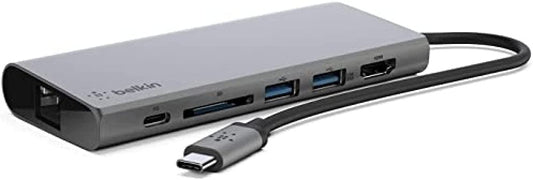 Belkin USB C Hub Multiport Adapter, USB C, 2 USB A, 4K HDMI, 1 Gigabite Ethernet, 1 SD Card, Pass through charging up to 60W with Tethered USB-C Cable, Dock for MacBook Pro, Macbook Air, PC, Windows USB-C Hub Adapter