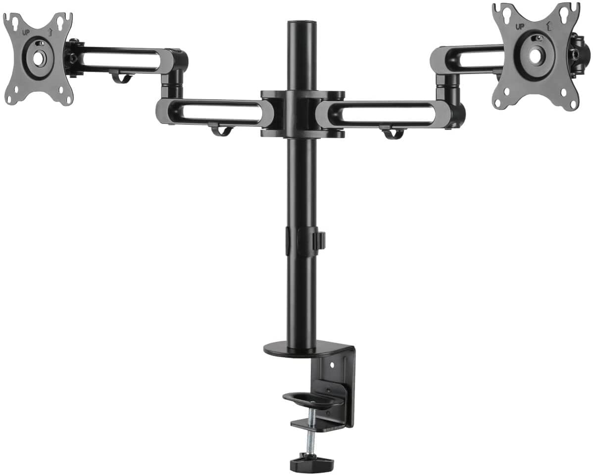 Tripp Lite Dual Monitor Full-Motion Flex-Arm, 13-27 inch Displays, Desktop Clamp Mount, VESA-Compliant, 360-Degree Rotation for Portrait/Landscape, 90-Degree Swivel, 5-Year Warranty (DDR1327SDFC-1)