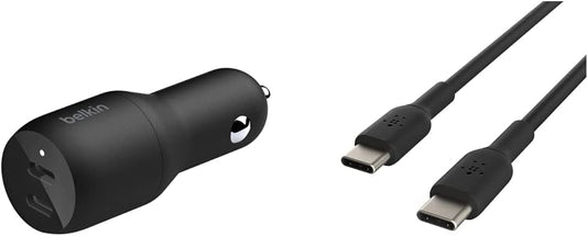 Belkin USB-C PD Car Charger 36W (Dual 18W USB-C Power Delivery Car Charger &amp; USB-C to USB-C Cable, USB Type-C Cable (3.3ft/1m, Black Dual USB-C Charger + Cable, 3.3ft/1m