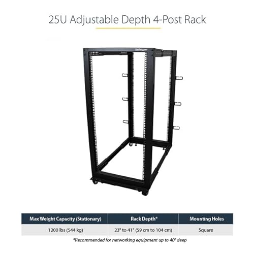 StarTech.com 4-Post 25U Mobile Open Frame Server Rack, 19in Network Rack with Wheels, Rolling Rack for Computer/AV/Data/IT Equipment - Casters, Leveling Feet or Floor Mounting (4POSTRACK25U) 25U Rack