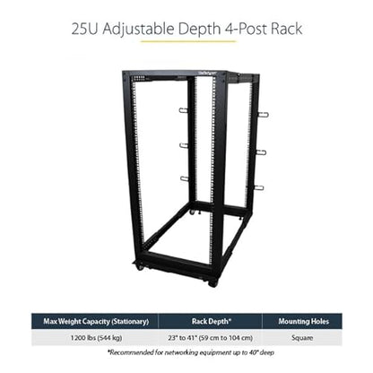 StarTech.com 4-Post 25U Mobile Open Frame Server Rack, 19in Network Rack with Wheels, Rolling Rack for Computer/AV/Data/IT Equipment - Casters, Leveling Feet or Floor Mounting (4POSTRACK25U) 25U Rack