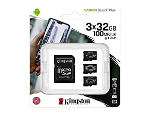 Kingston - Set of 3 Micro SDXC Canvas Select Plus Cards, 100R, A1, C10, 32GB with 1 Adapter