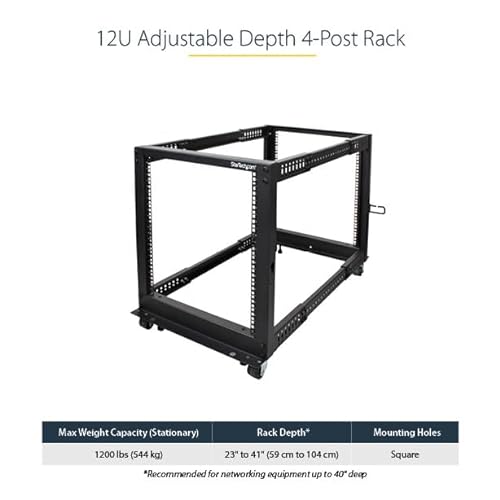 StarTech.com 4-Post 12U Mobile Open Frame Server Rack, 19in Network Rack with Wheels, Rolling Rack for Computer/AV/Data/IT Equipment - Casters, Leveling Feet or Floor Mounting (4POSTRACK12U) 12U Rack