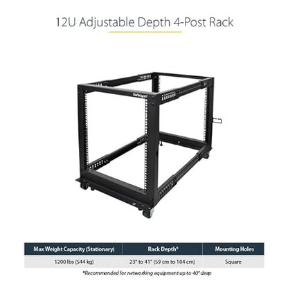 StarTech.com 4-Post 12U Mobile Open Frame Server Rack, 19in Network Rack with Wheels, Rolling Rack for Computer/AV/Data/IT Equipment - Casters, Leveling Feet or Floor Mounting (4POSTRACK12U) 12U Rack