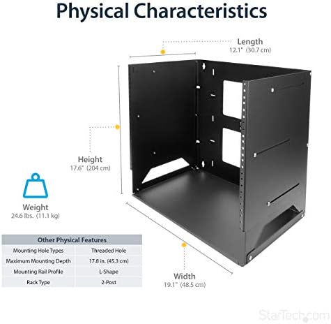 StarTech.com 8U Open Frame Wall Mount Network Rack w/ Built in Shelf - 2-Post Adjustable Depth (12" to 18") Equipment Rack - 75.2lbs (WALLSHELF8U) 17.6"x19.1"x12.1" Adjustable Depth w Shelf