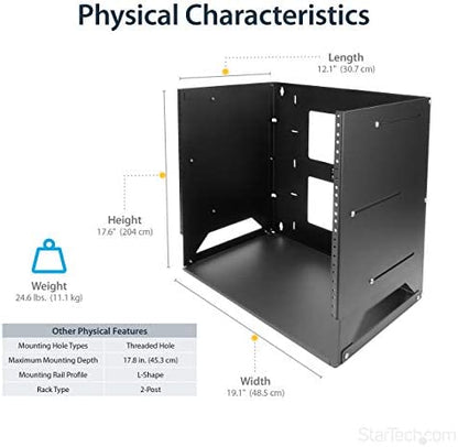 StarTech.com 8U Open Frame Wall Mount Network Rack w/ Built in Shelf - 2-Post Adjustable Depth (12" to 18") Equipment Rack - 75.2lbs (WALLSHELF8U) 17.6"x19.1"x12.1" Adjustable Depth w Shelf