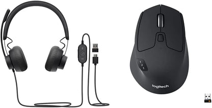 Logitech Zone Wired Noise Cancelling Headset, USB-C with USB-A Adapter, Graphite &amp; M720 Triathlon Multi-Device Wireless Mouse, Bluetooth, USB Unifying Receiver, 1000 DPI, 8 Buttons, 2-Year Battery Headset + Mouse