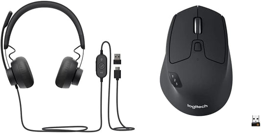Logitech Zone Wired Noise Cancelling Headset, USB-C with USB-A Adapter, Graphite &amp; M720 Triathlon Multi-Device Wireless Mouse, Bluetooth, USB Unifying Receiver, 1000 DPI, 8 Buttons, 2-Year Battery Headset + Mouse